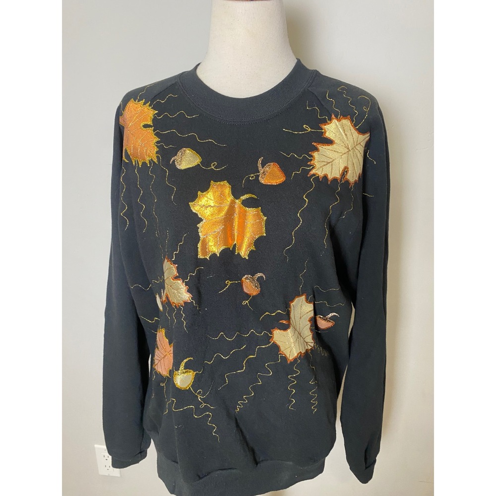 Vintage Jerzees Fall Leaves Acorn Sweatshirt XL Black Metallic Foil 80s 90s USA